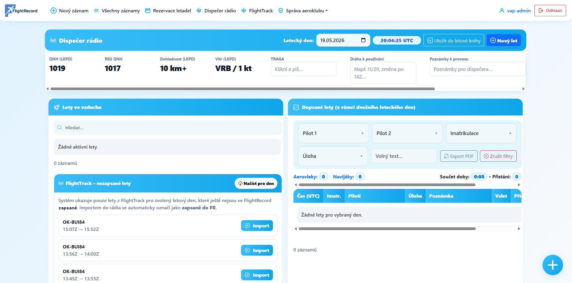 FlightRecord na počítači – živý provoz aeroklubu