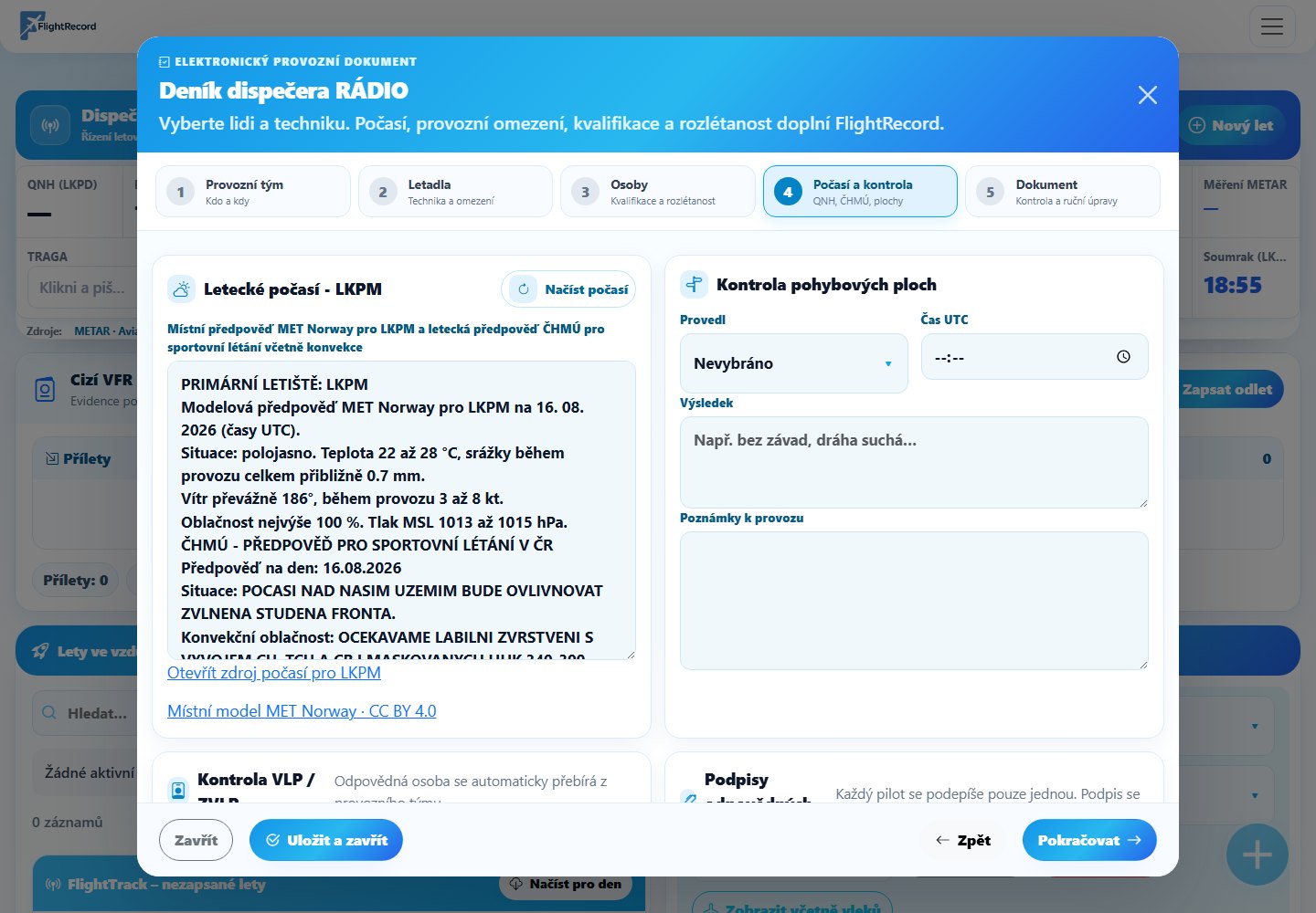 Krok 4 – Počasí a kontrola – FlightRecord návod