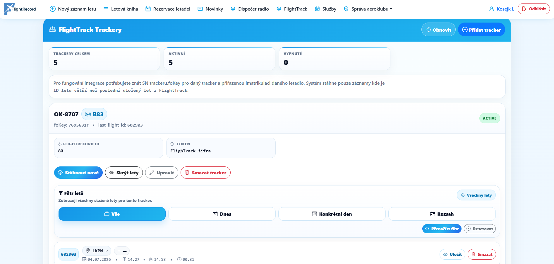 FlightTrack integrace ve FlightRecordu