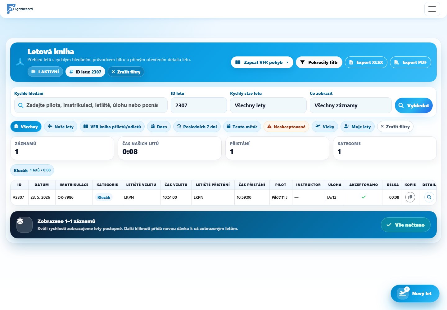 Digitální letová kniha FlightRecord se seznamem klubových letů