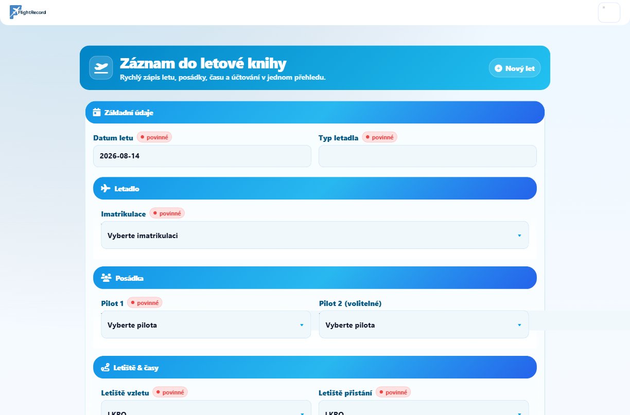 Nový záznam letu – snímek z aplikace FlightRecord