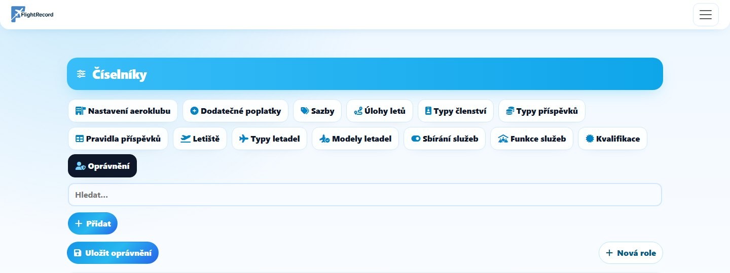 Role a oprávnění – snímek z aplikace FlightRecord