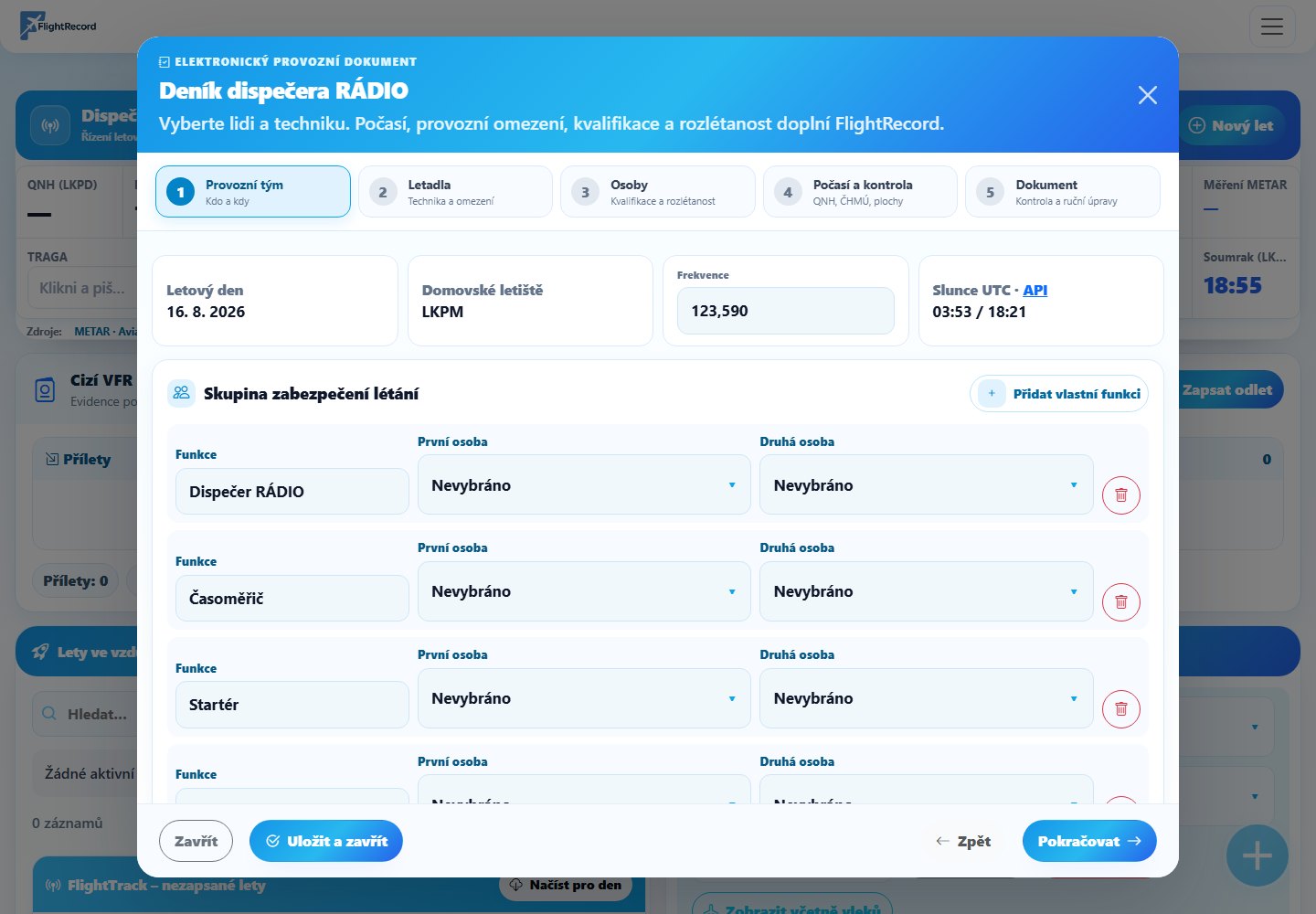 Elektronický provozní deník dispečera RÁDIO ve FlightRecordu